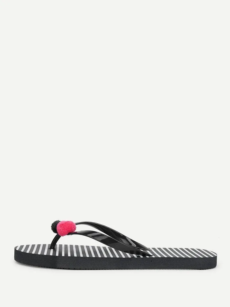 Pom Pom Detail Striped Flip Flops