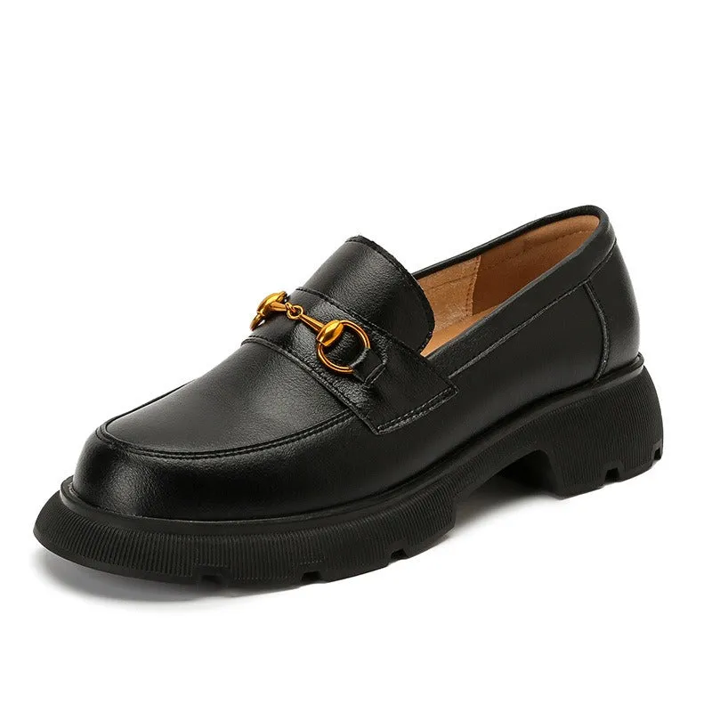 Pre Order:  Round Toe Thick Heel Leather Loafers