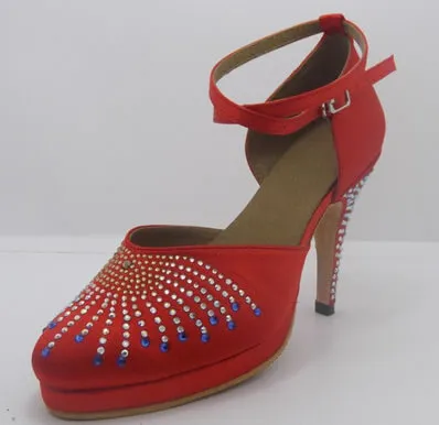 Red Rhinestone Closed Toe Samba Platform Dance Shoes