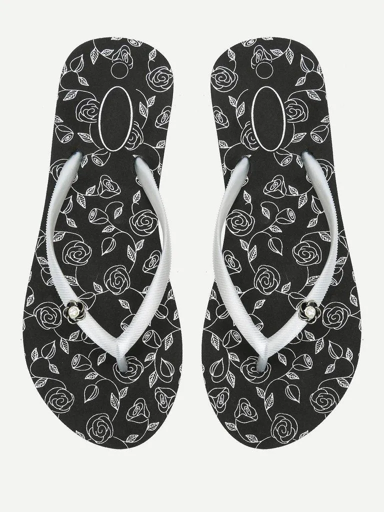 Rose Print Flip Flops