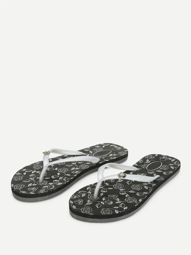 Rose Print Flip Flops