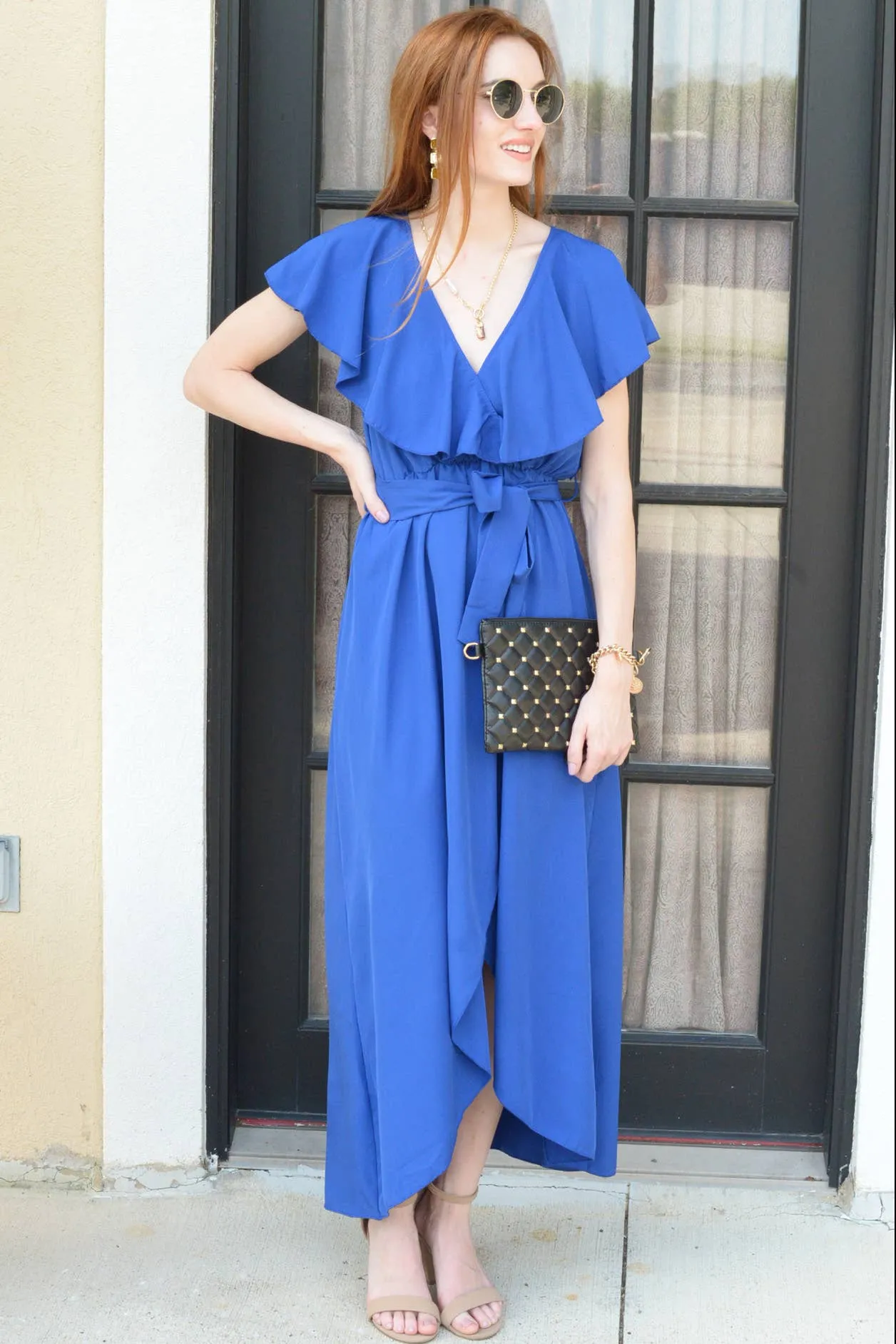 Royal Blue Tiered V-neck Ruffle Maxi Dress