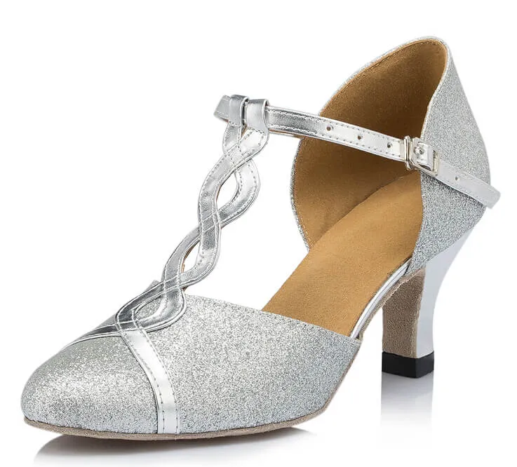 Silver Glitter Ballroom Closed Toe Dance Shoes Latin Salsa Shoes