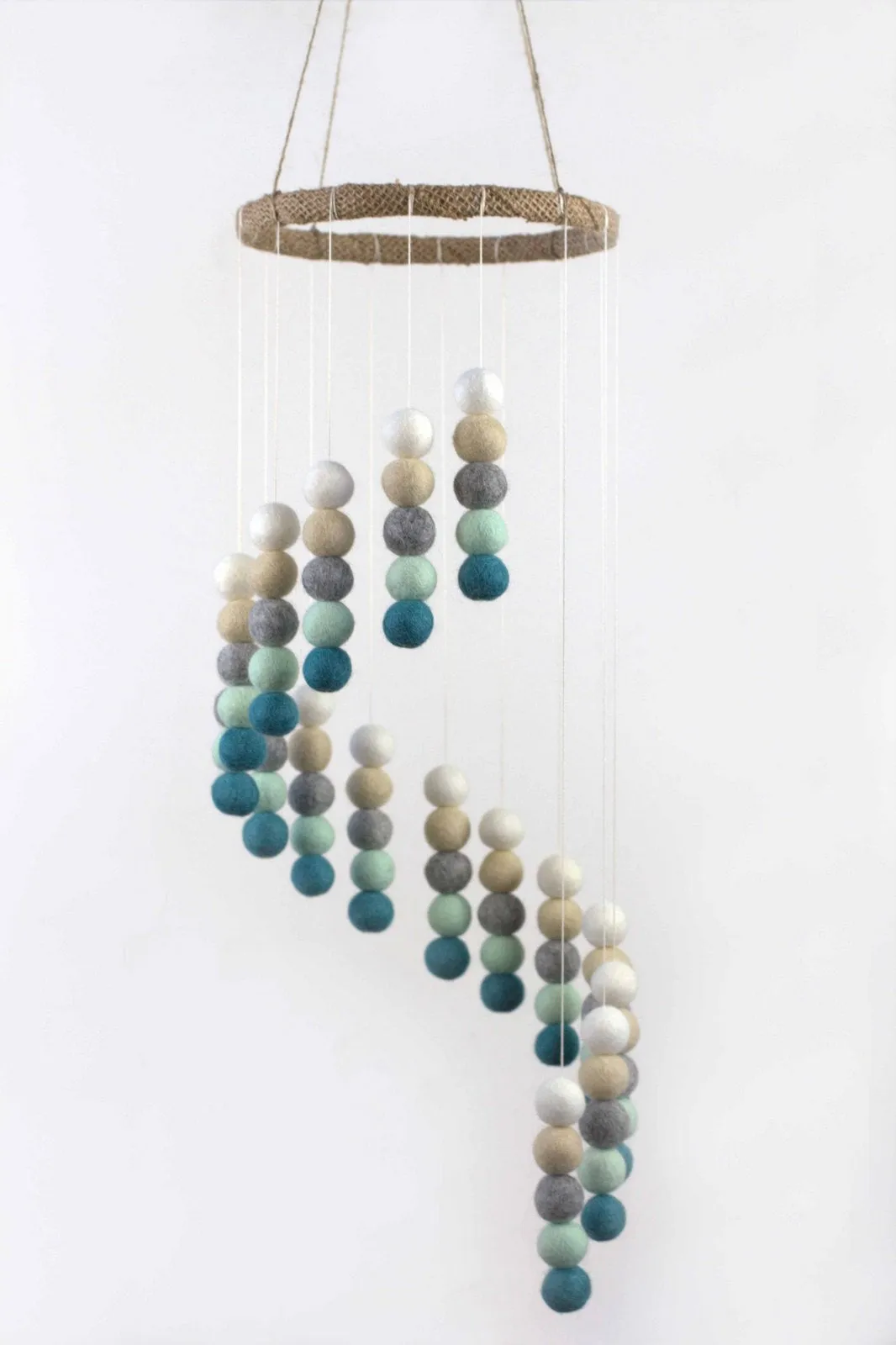 Spiral Felt Ball Mobile- Teal, Seafoam, Almond, Gray, White