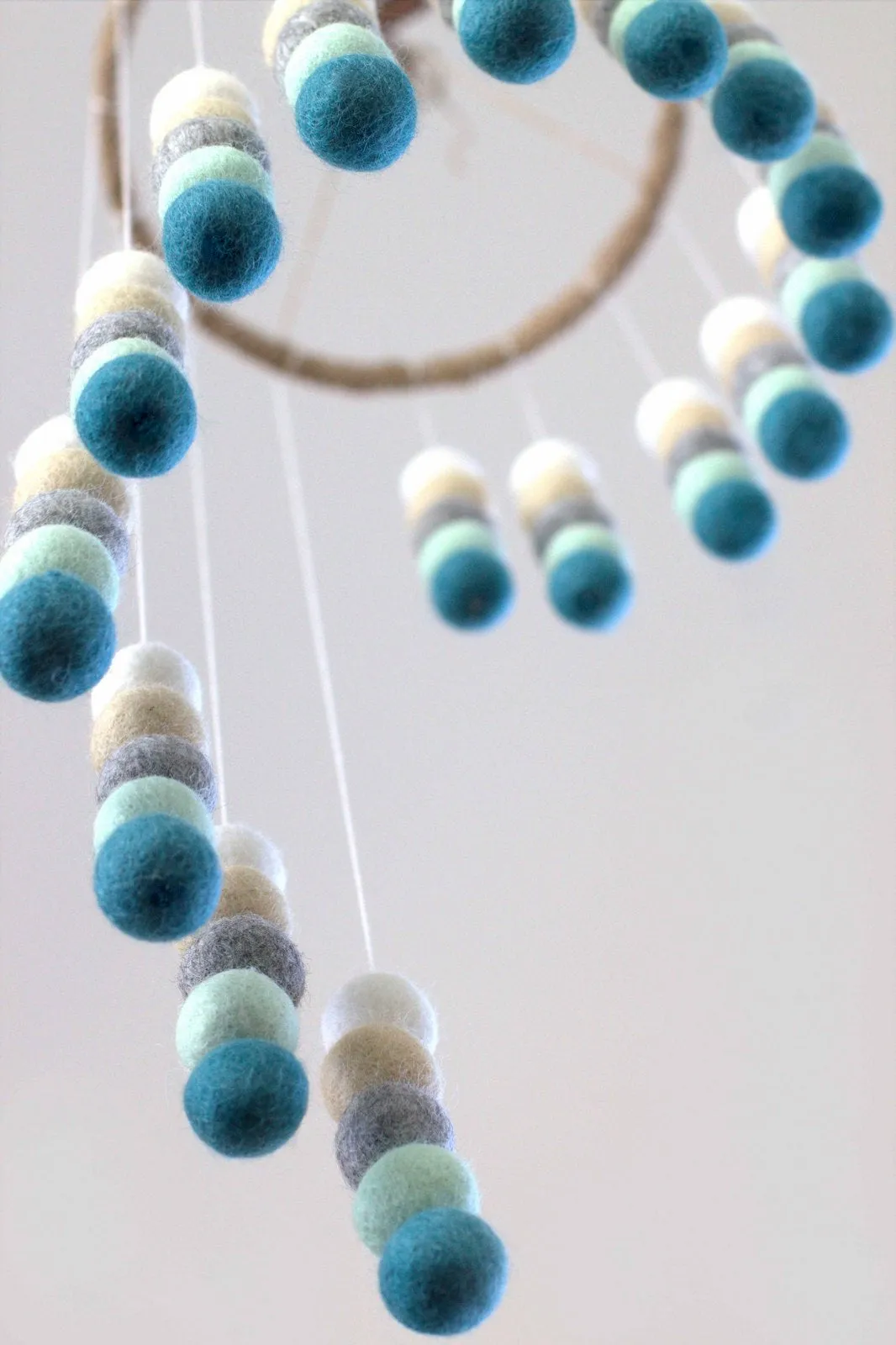 Spiral Felt Ball Mobile- Teal, Seafoam, Almond, Gray, White