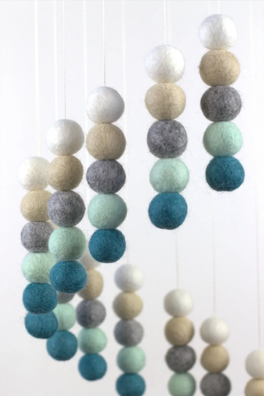 Spiral Felt Ball Mobile- Teal, Seafoam, Almond, Gray, White