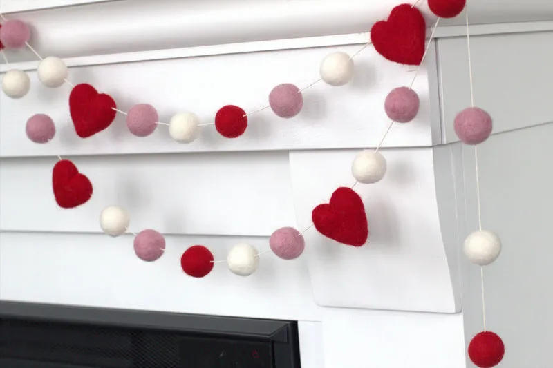 Valentine's Day Felt Ball & Heart Garland- Red, Pink, White