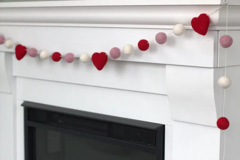 Valentine's Day Felt Ball & Heart Garland- Red, Pink, White