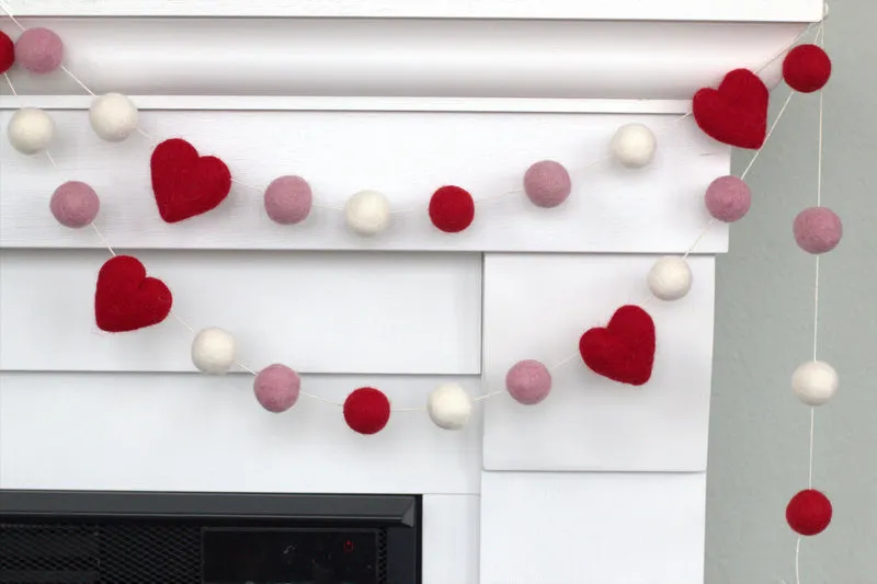 Valentine's Day Felt Ball & Heart Garland- Red, Pink, White