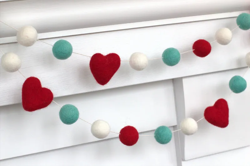 Valentine's Day Felt Ball & Heart Garland- Turquoise, Red, White