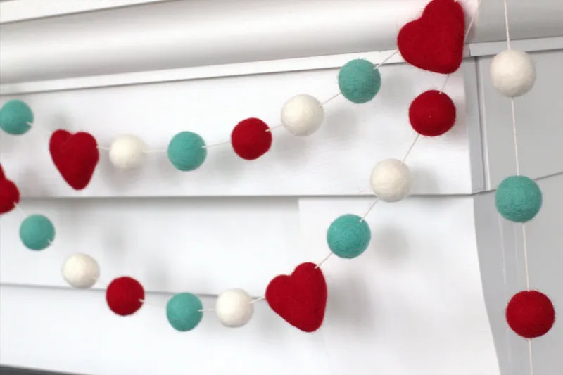 Valentine's Day Felt Ball & Heart Garland- Turquoise, Red, White