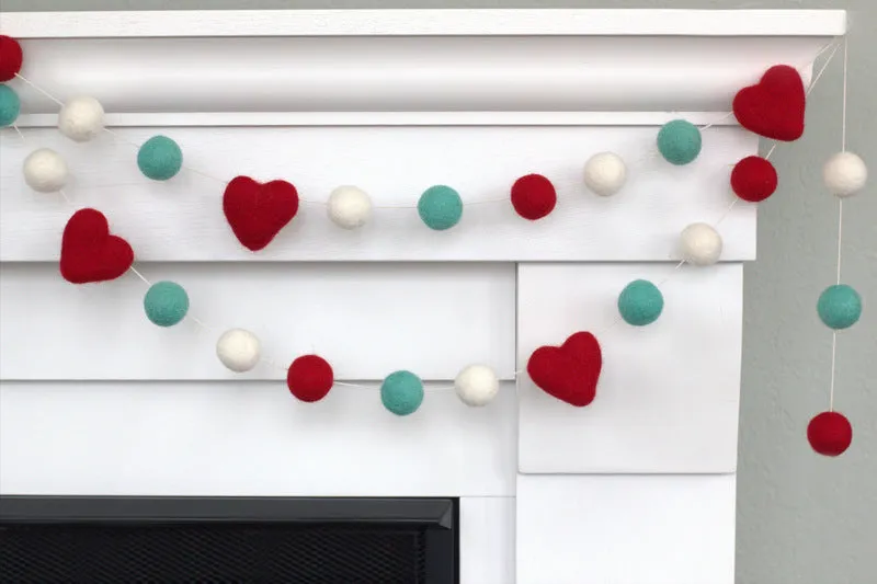 Valentine's Day Felt Ball & Heart Garland- Turquoise, Red, White