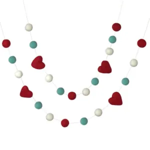 Valentine's Day Felt Ball & Heart Garland- Turquoise, Red, White