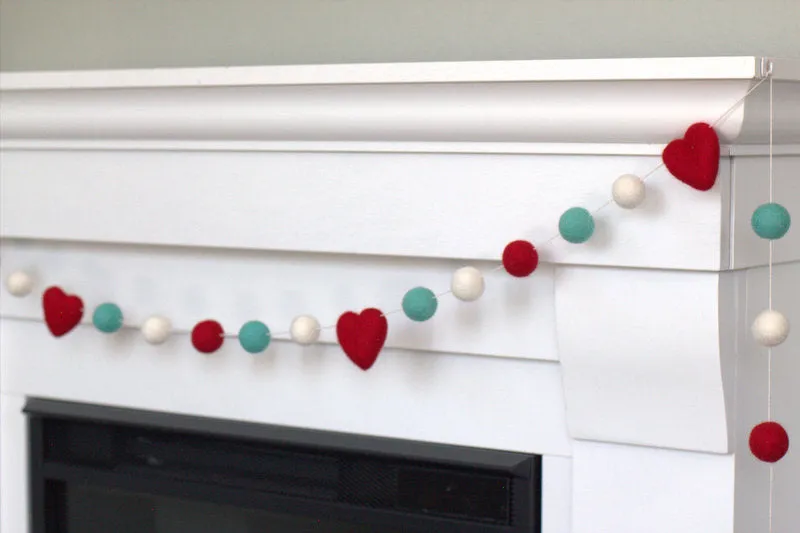 Valentine's Day Felt Ball & Heart Garland- Turquoise, Red, White