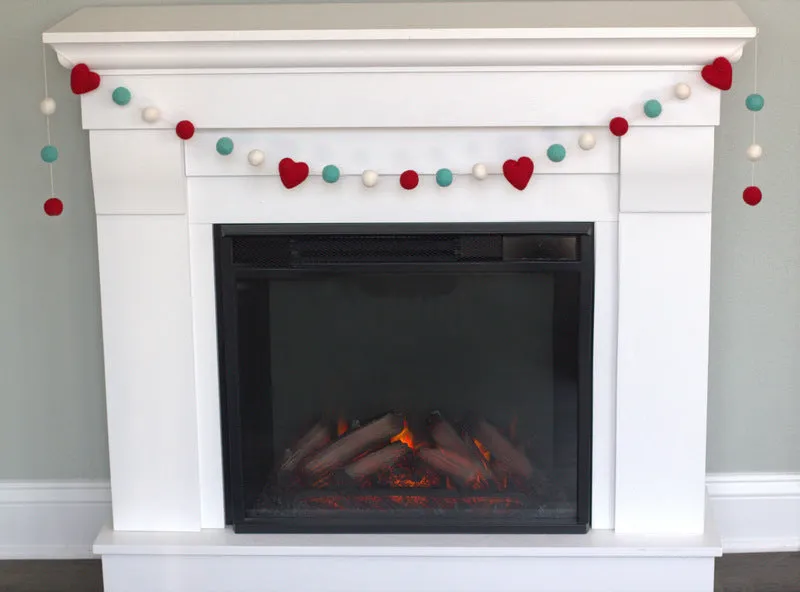 Valentine's Day Felt Ball & Heart Garland- Turquoise, Red, White