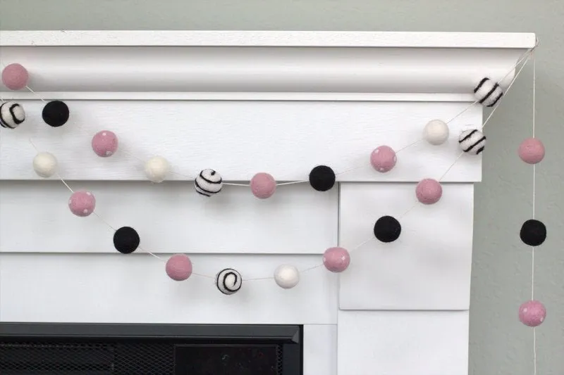 Valentine's Day Felt Ball Garland- Black, Baby Pink, White- Swirls