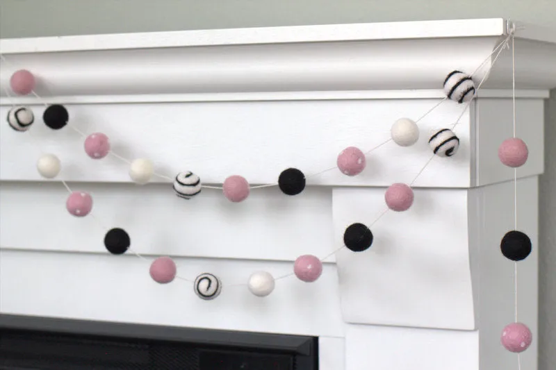 Valentine's Day Felt Ball Garland- Black, Baby Pink, White- Swirls