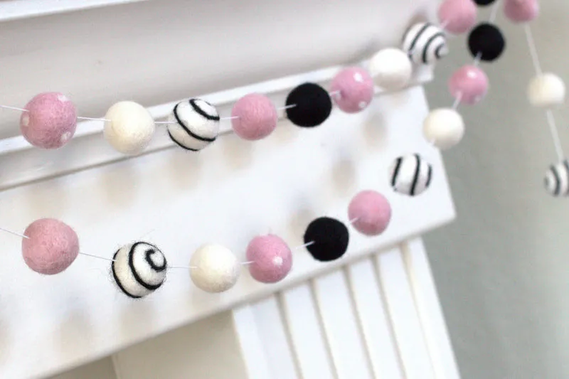 Valentine's Day Felt Ball Garland- Black, Baby Pink, White- Swirls