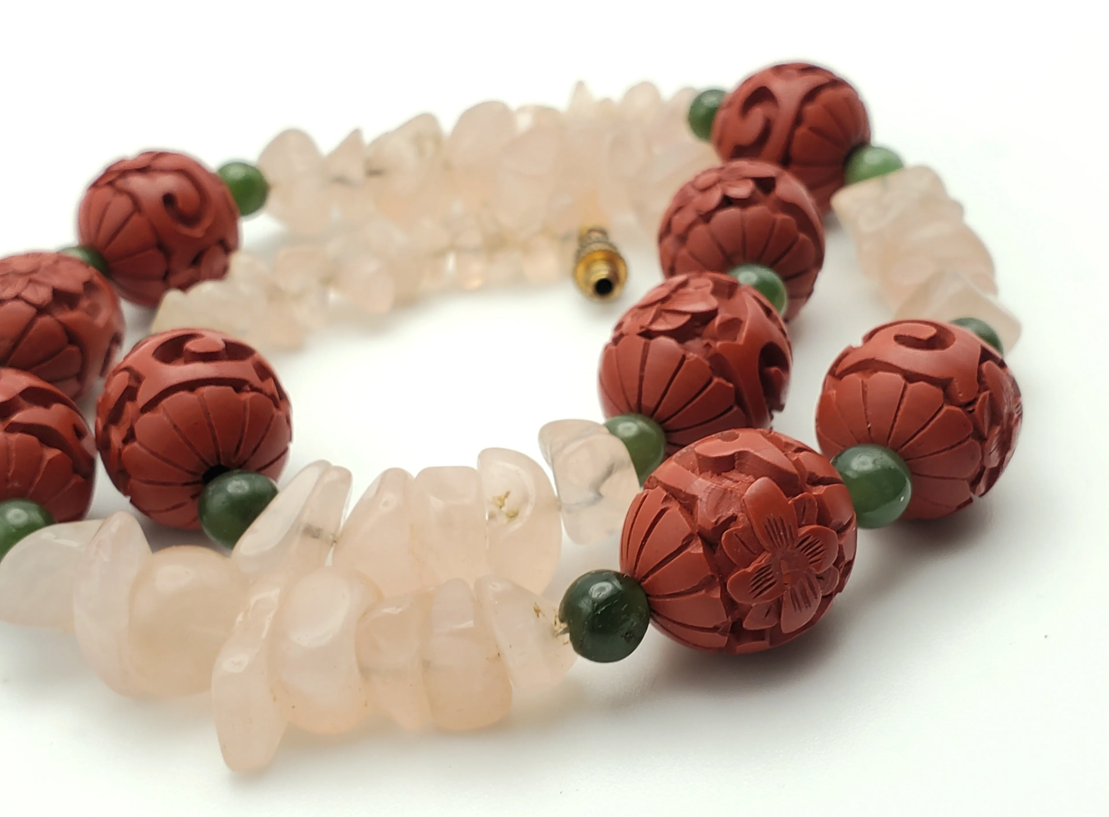 Vintage Rose Quartz, Jade and Faux Cinnabar Bead Necklace - 18"