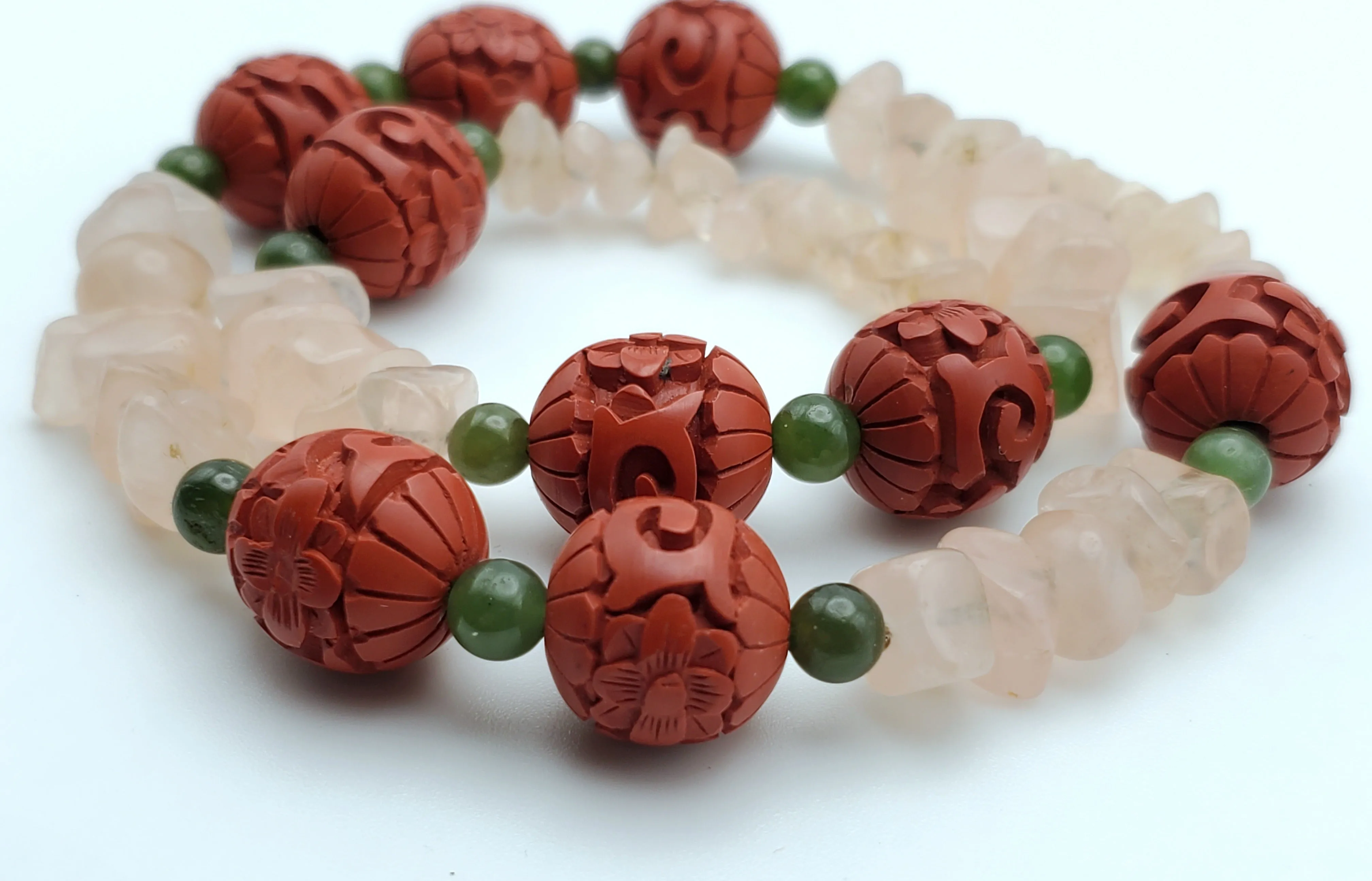 Vintage Rose Quartz, Jade and Faux Cinnabar Bead Necklace - 18"