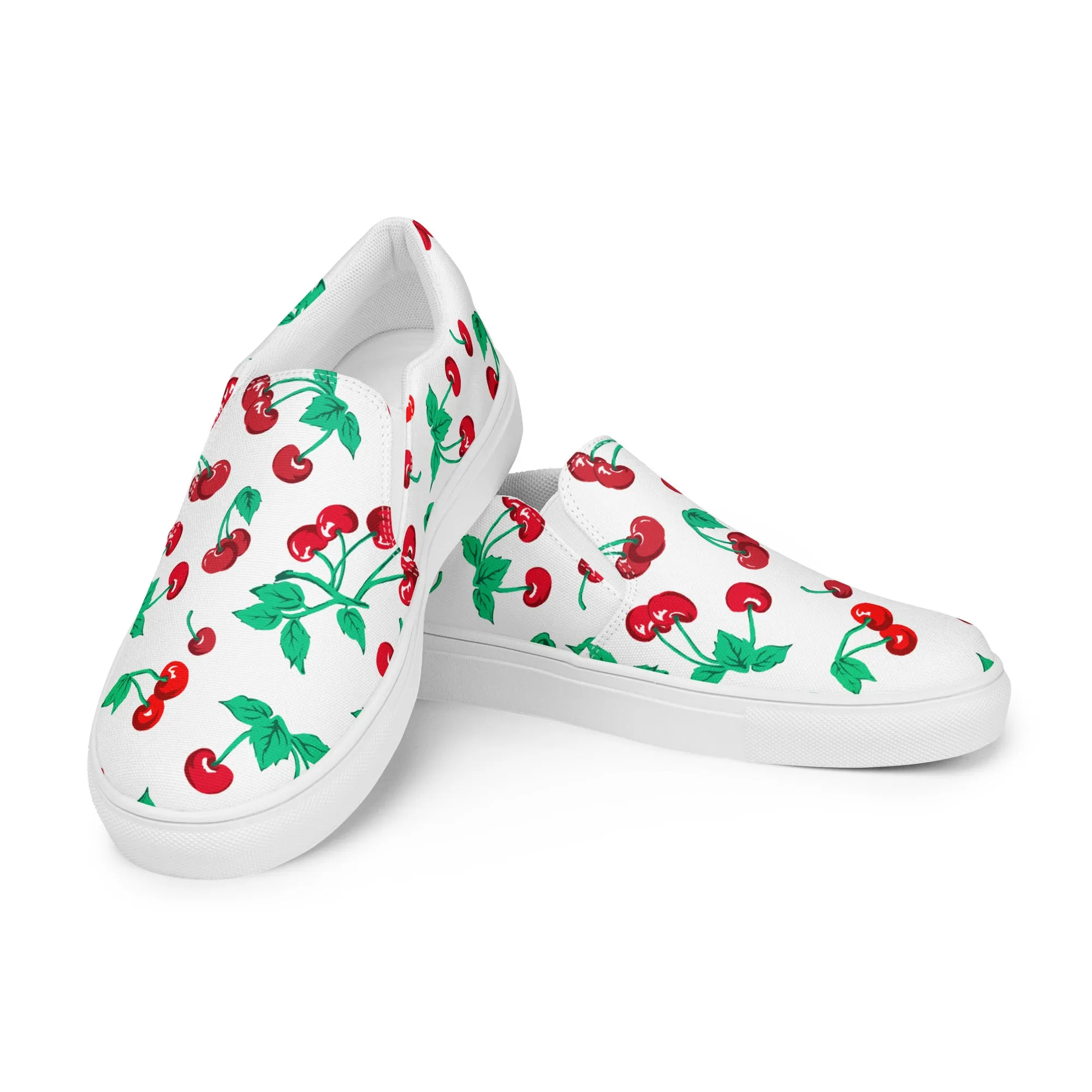 White Chocolate Cherry Print Women’s Canvas Slip-On Deck Shoes | Pinup Couture Relaxed