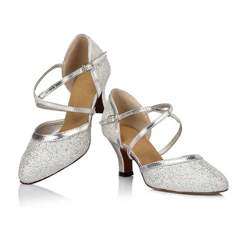 Women's Pumps Ballroom Dance Shoes Suede Sole Closed-toe Party Wedding Footwears Mid Heel Silver