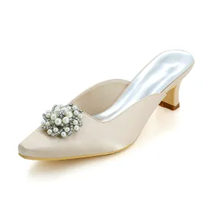 Women's Satin Chunky Heel Closed Toe With Rhinestone Wedding Shoes Bridal Shoes